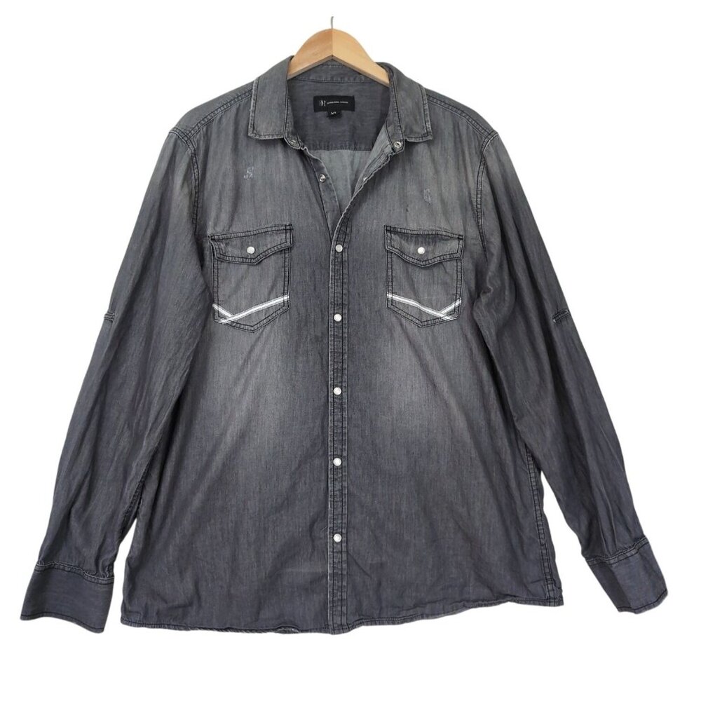 INC International Concepts Shirt Mens XL Gray Pearl Snap Roll Tab Sleeve‎ Cowboy